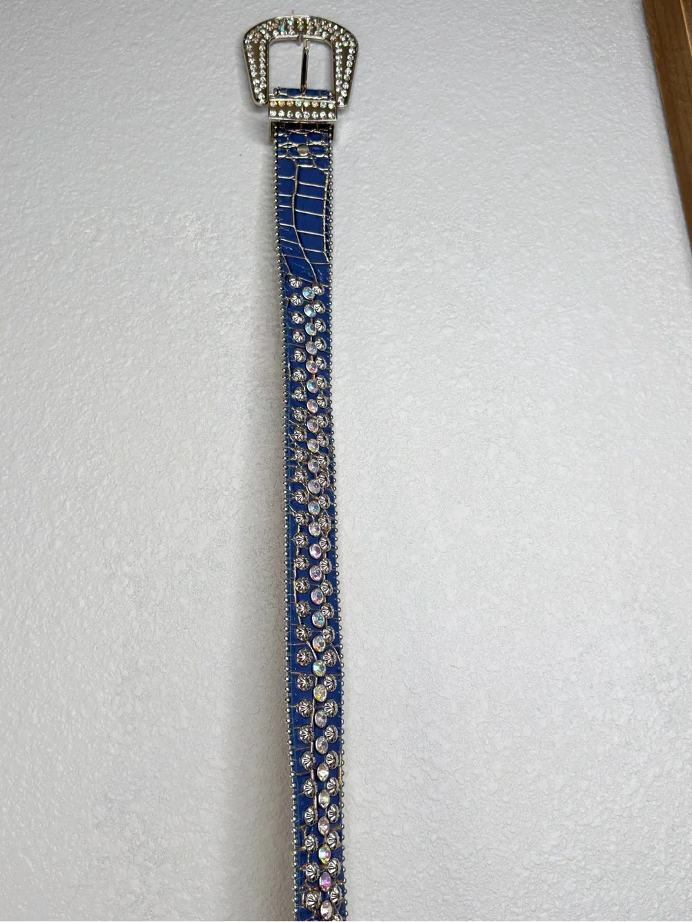 Western Blue Rhinestone Belt Crystal Diamond Studded Faux Leather Cowgirl Belt